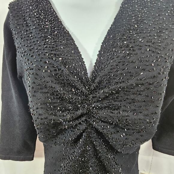 My Favorite Things Colleen Lopez Black Beaded 3/4 Sleeve V-neck Sweater XS - Picture 2 of 10